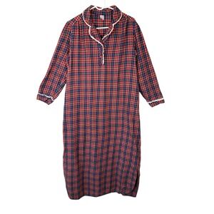 VTG  Sears Red Ruffle Plaid Nightgown Sleep Shirt Button Up Collar M Hong Kong